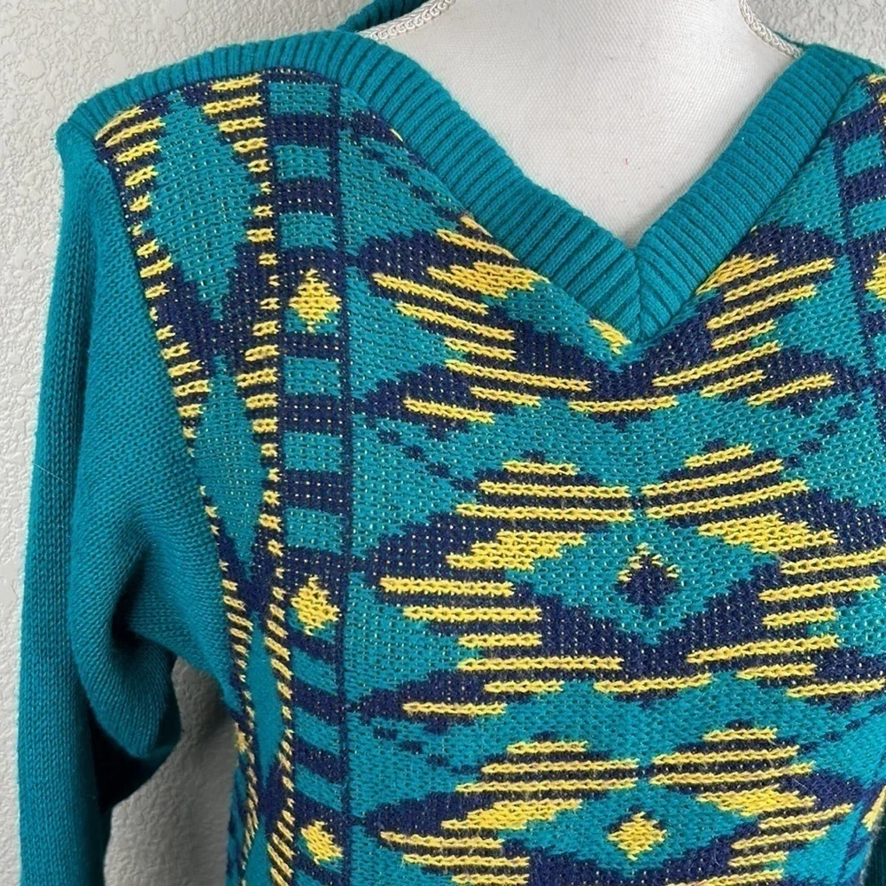 Aileen Vintage Turquoise Knitted V-Neck‎ Long Sleeve Grandpa Sweater Size Small